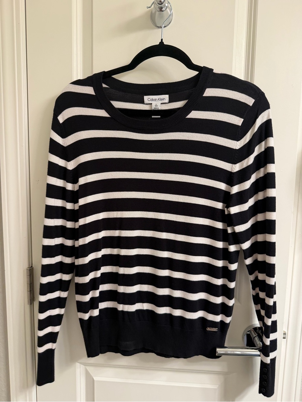 Calvin Klein Black and White Striped Crewneck Sweater